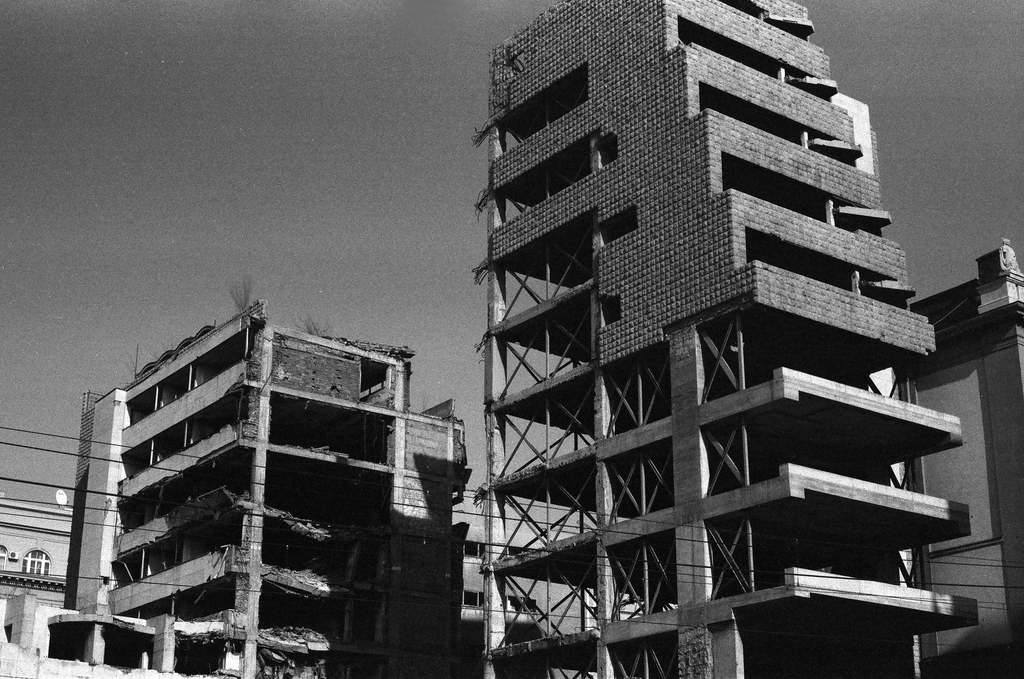 The damaged Yugoslav Ministry of Defense building A as seen today