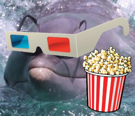 cool dolphin with 3D glasses and popcorn. he's excited for the joker 2 musical.